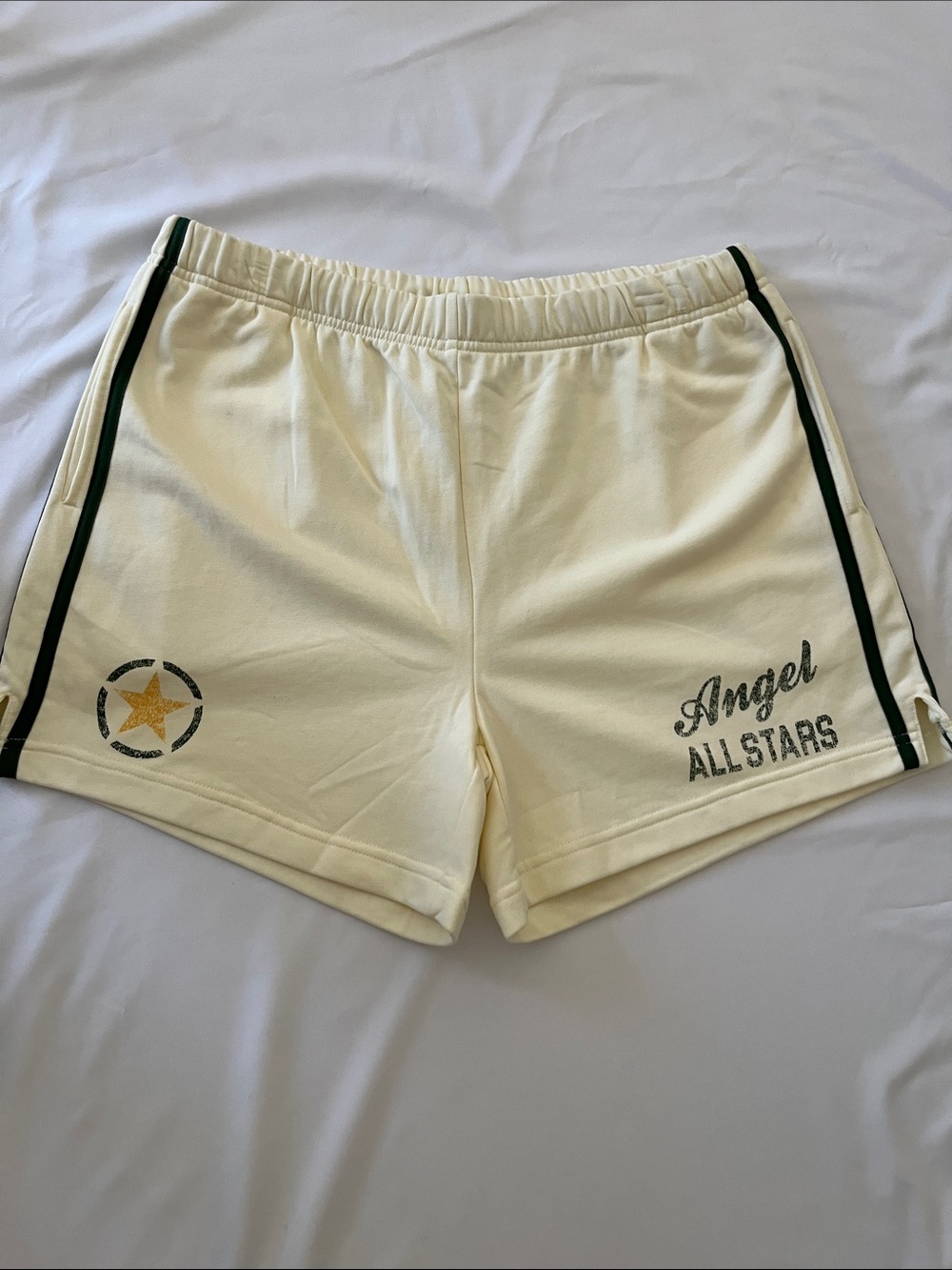 Cream Athletic Shorts with Green Trim - Angel Allstars